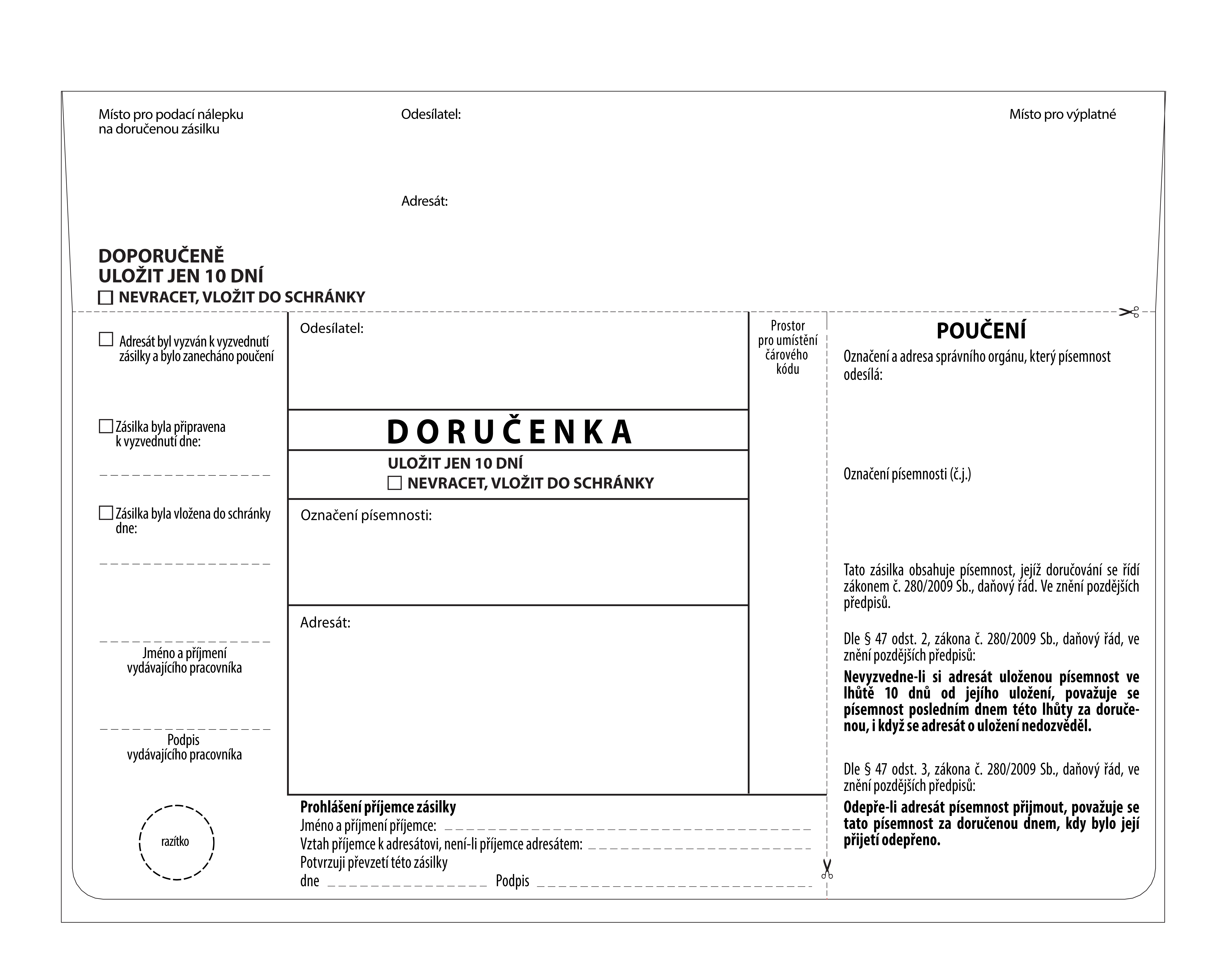 Doručenka C5, daňový řád, bez pruhu