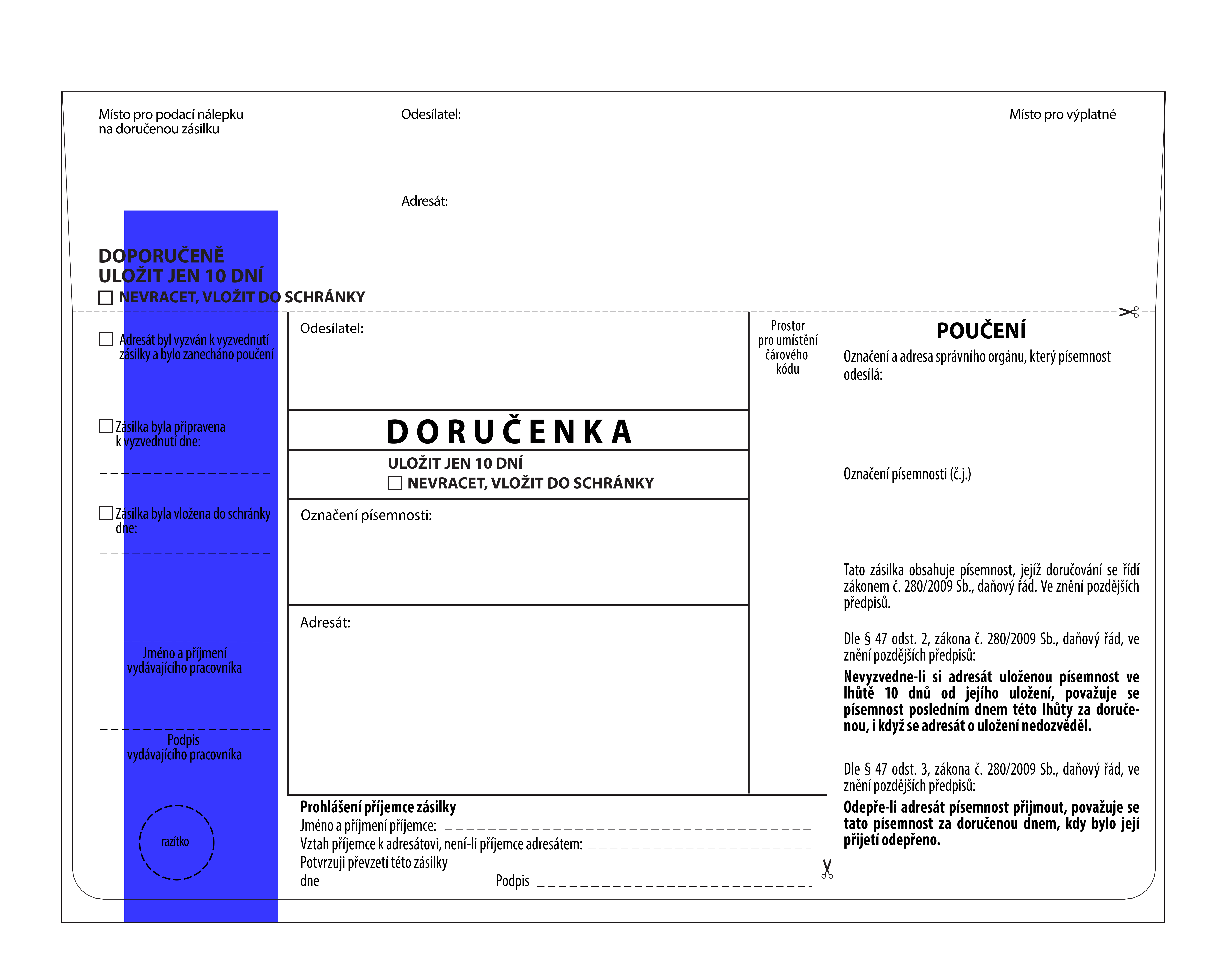 Doručenka C5, daňový řád, modrý pruh
